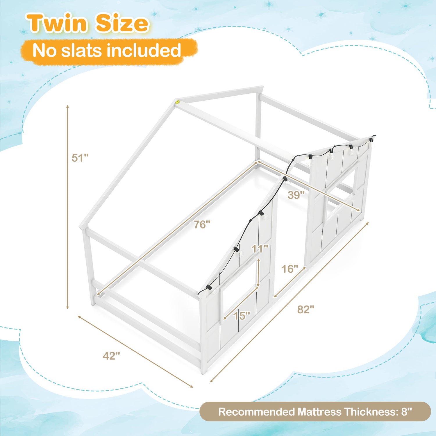 Twin Size House Bed with LED Lights Montessori Slat-free Floor Bed