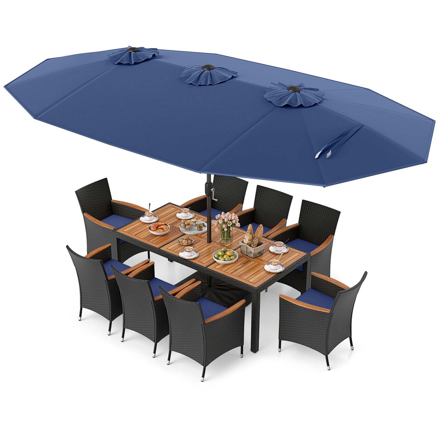 10 Piece Outdoor Patio Dining Set with 15 Feet Double-Sided Twin Umbrella