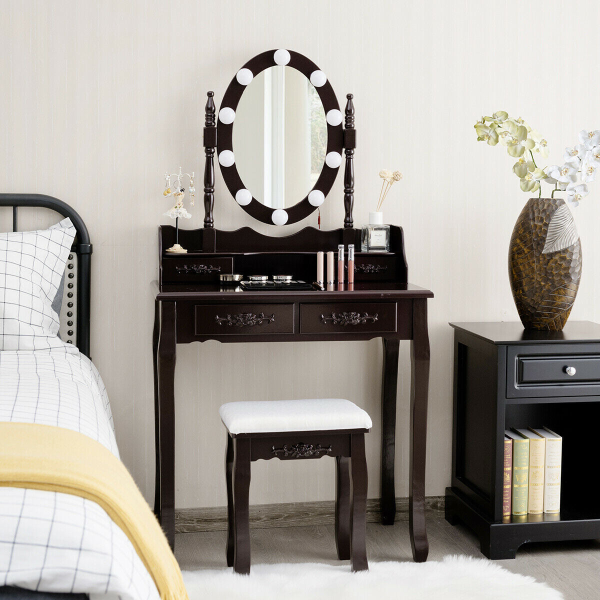 Makeup Dressing Table with Touch Switch Lighted Mirror and Cushioned Stool