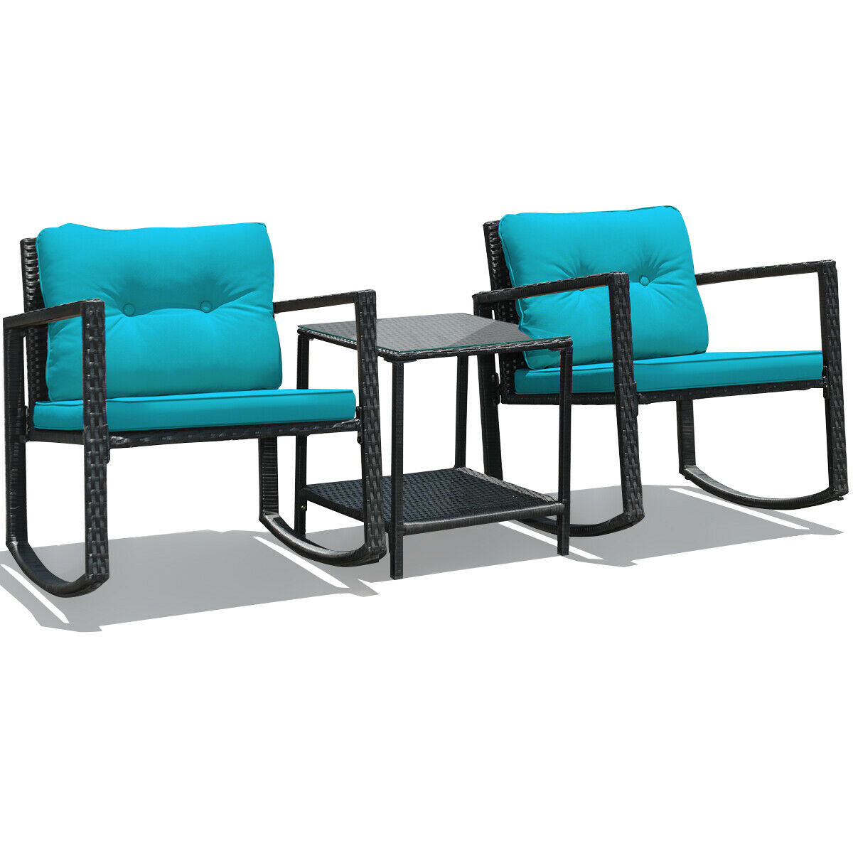3 Pcs Wicker Rocking Bistro Set with Glass Coffee Table and Storage Shelf