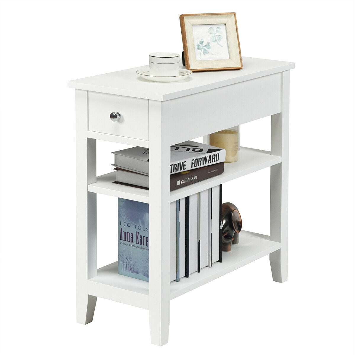 3-Tier Nightstand Bedside Table Sofa Side with Double Shelves Drawer