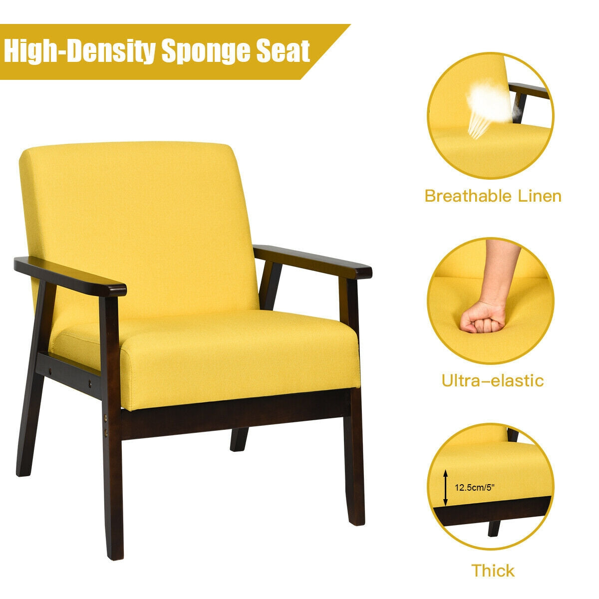 Solid Rubber Wood Fabric Accent Armchair