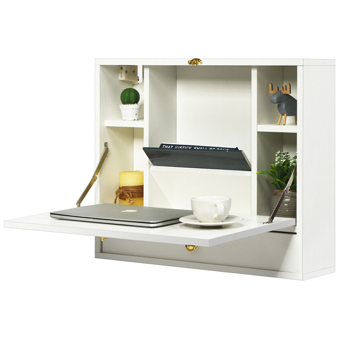 Wall Mounted Folding Laptop Desk Hideaway Organizer Storage-White