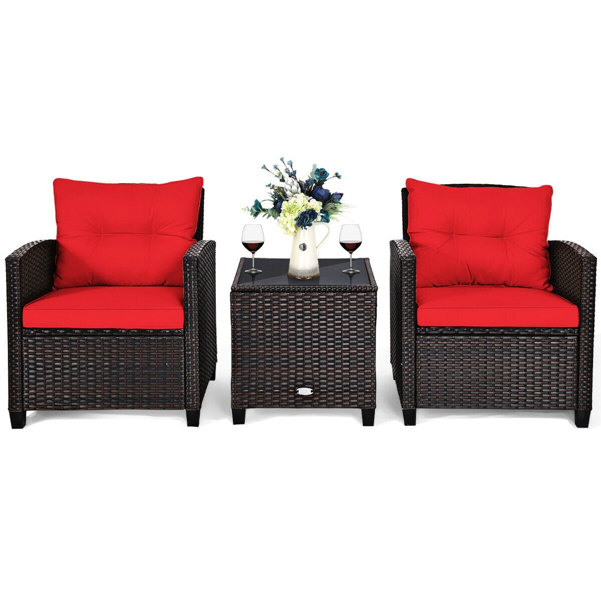 3 Pcs Patio Rattan Furniture Set Cushioned Conversation Set Coffee Table