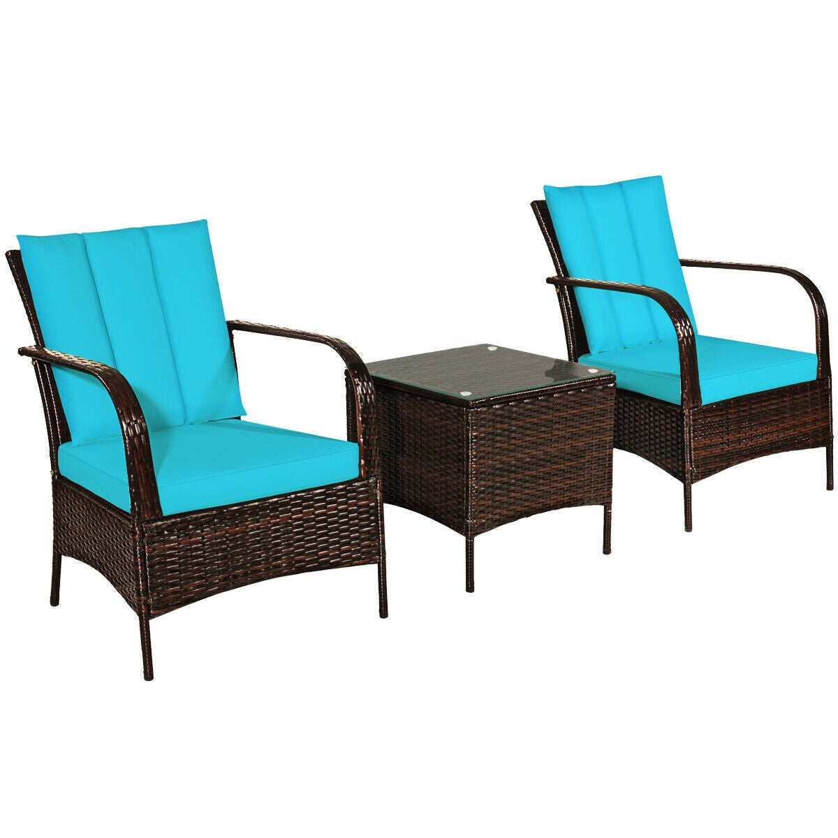 3 Pcs Patio Conversation Rattan Furniture Set with Glass Top Coffee Table and Cushions