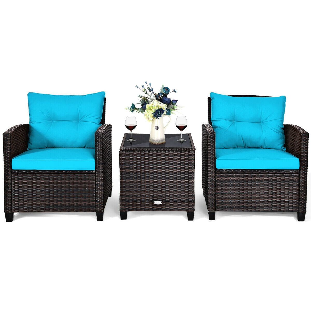 3 Pcs Patio Rattan Furniture Set Cushioned Conversation Set Coffee Table