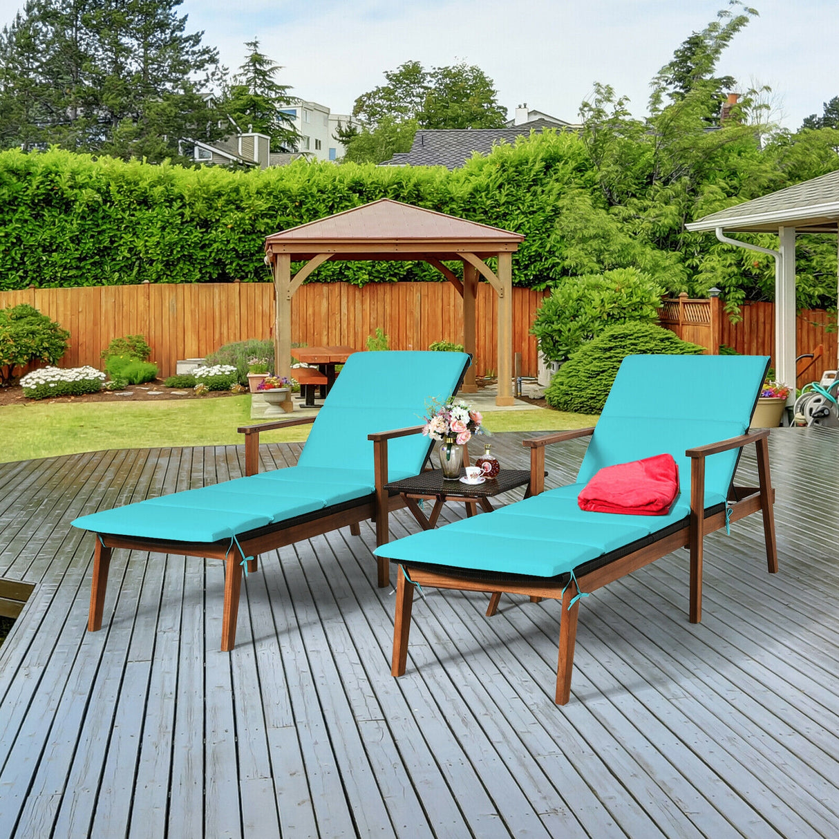 3 Pieces Portable Patio Cushioned Rattan Lounge Chair Set with Folding Table