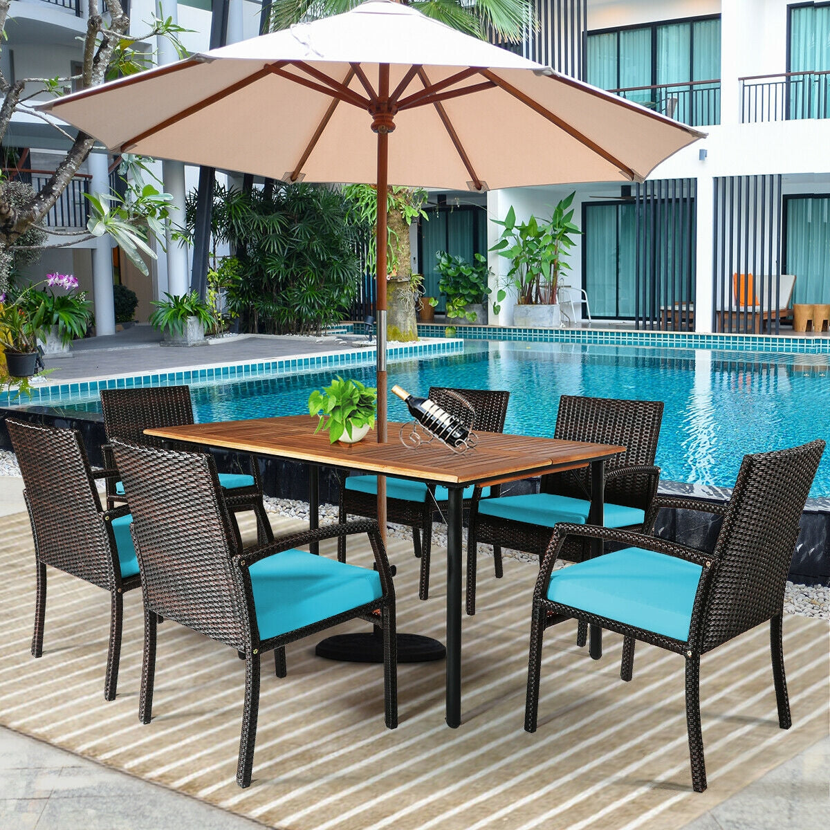 7PCS Patio Rattan Cushioned Dining Set with Umbrella Hole