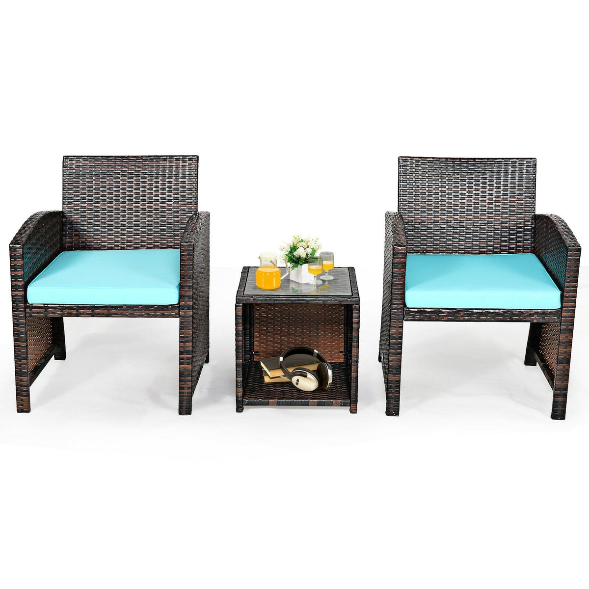 3 Pieces PE Rattan Wicker Furniture Set with Cushion Sofa Coffee Table for Garden