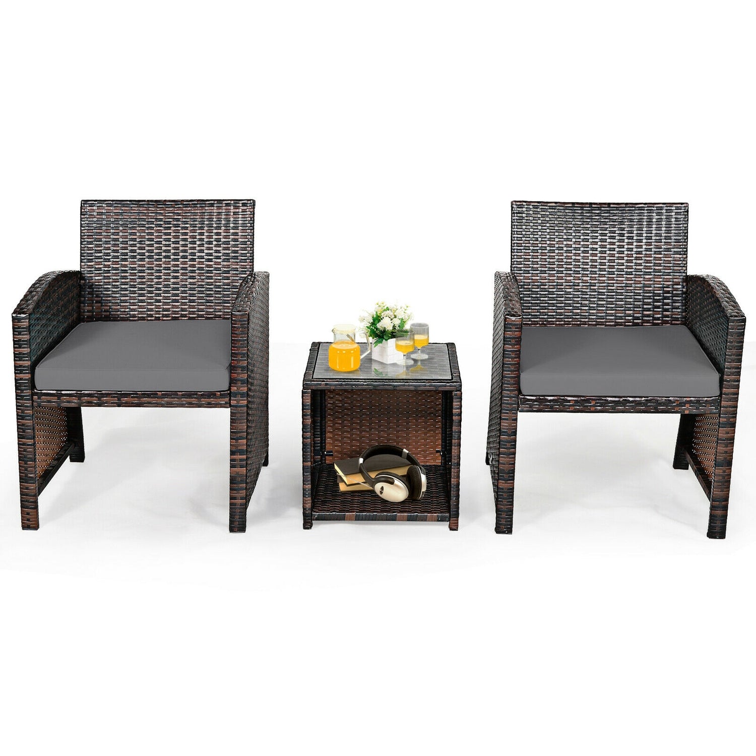 3 Pieces PE Rattan Wicker Furniture Set with Cushion Sofa Coffee Table for Garden