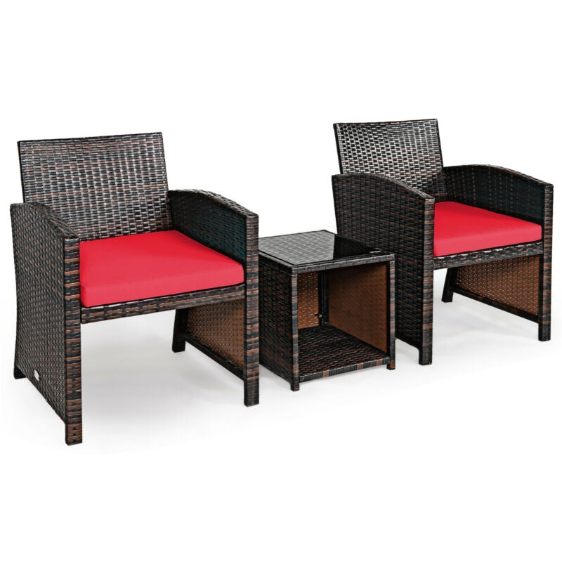 3 Pieces PE Rattan Wicker Furniture Set with Cushion Sofa Coffee Table for Garden