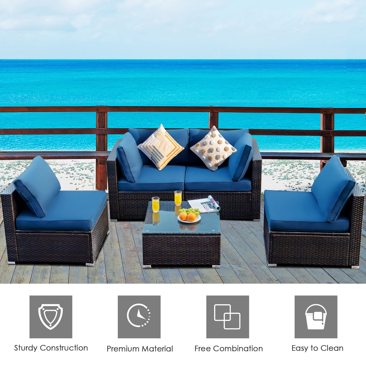 5 Pieces Cushioned Patio Rattan Furniture Set with Glass Table