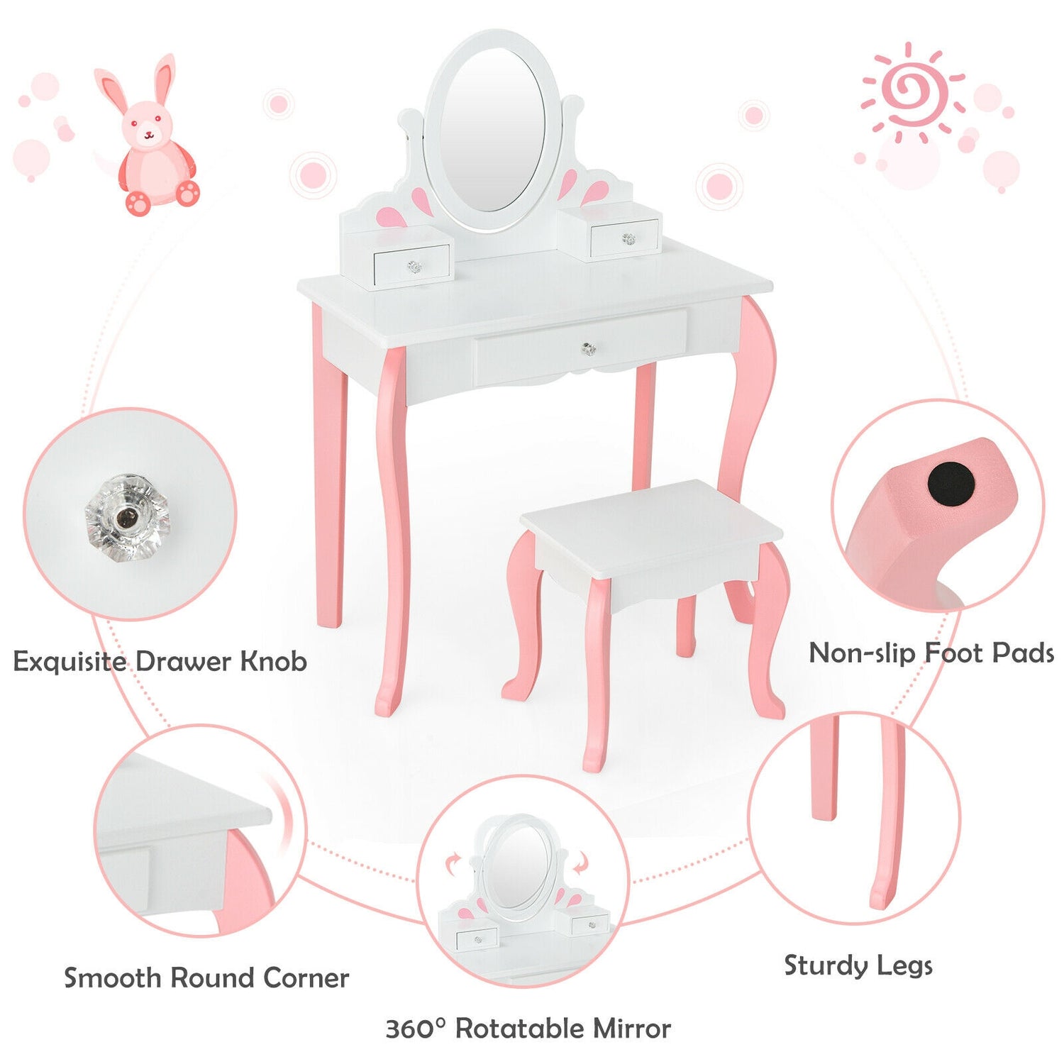 Kids Vanity Princess Makeup Dressing Table Stool Set with Mirror and Drawer