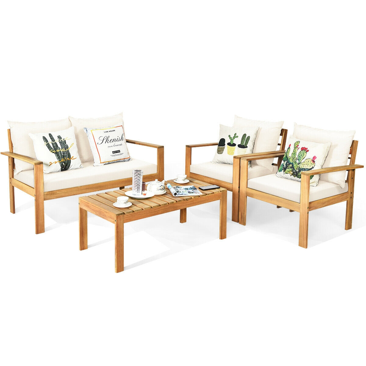 Outdoor 4 Pieces Acacia Wood Chat Set with Water Resistant Cushions