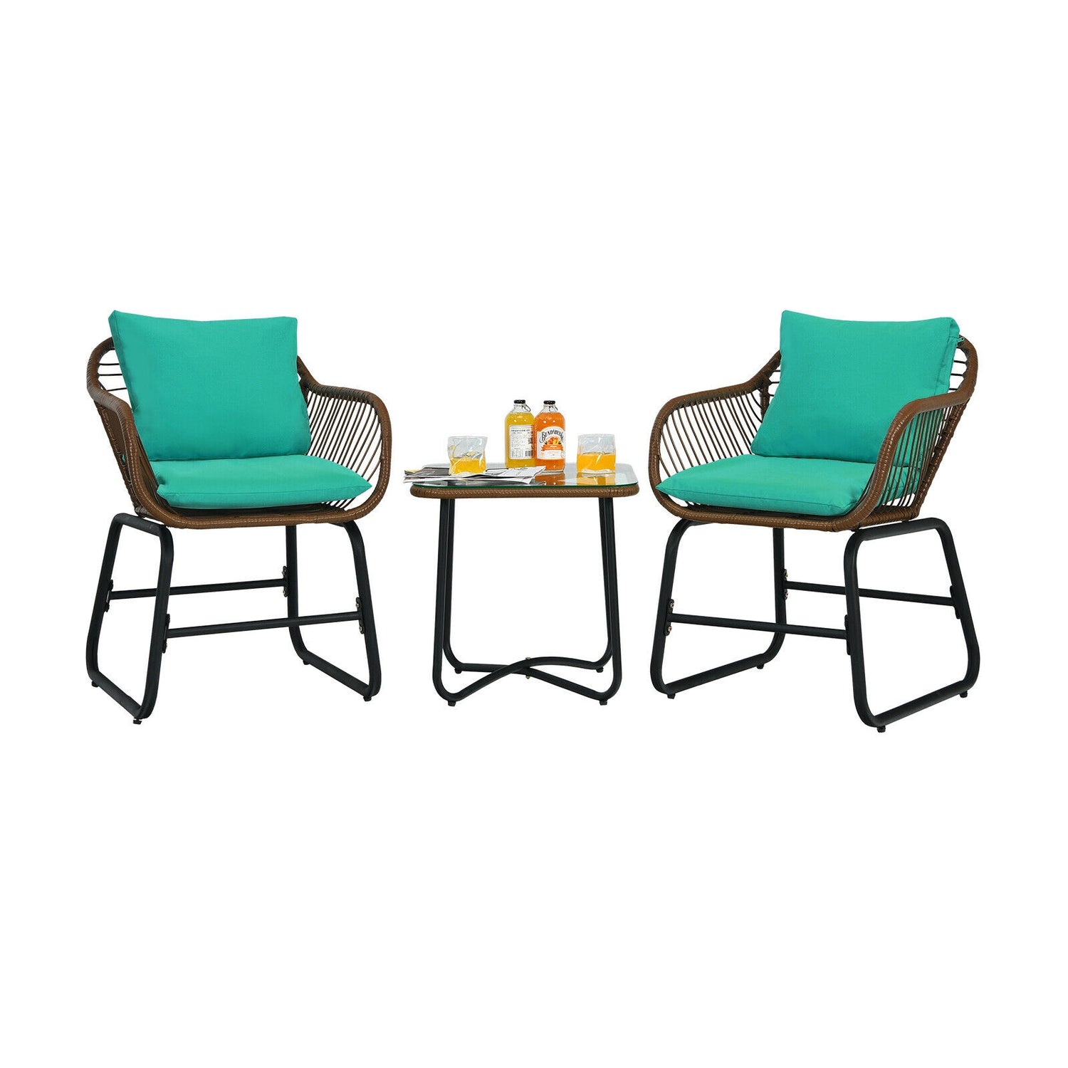 3 Pieces Patio Rattan Bistro Set Cushioned Chair Glass Table Deck