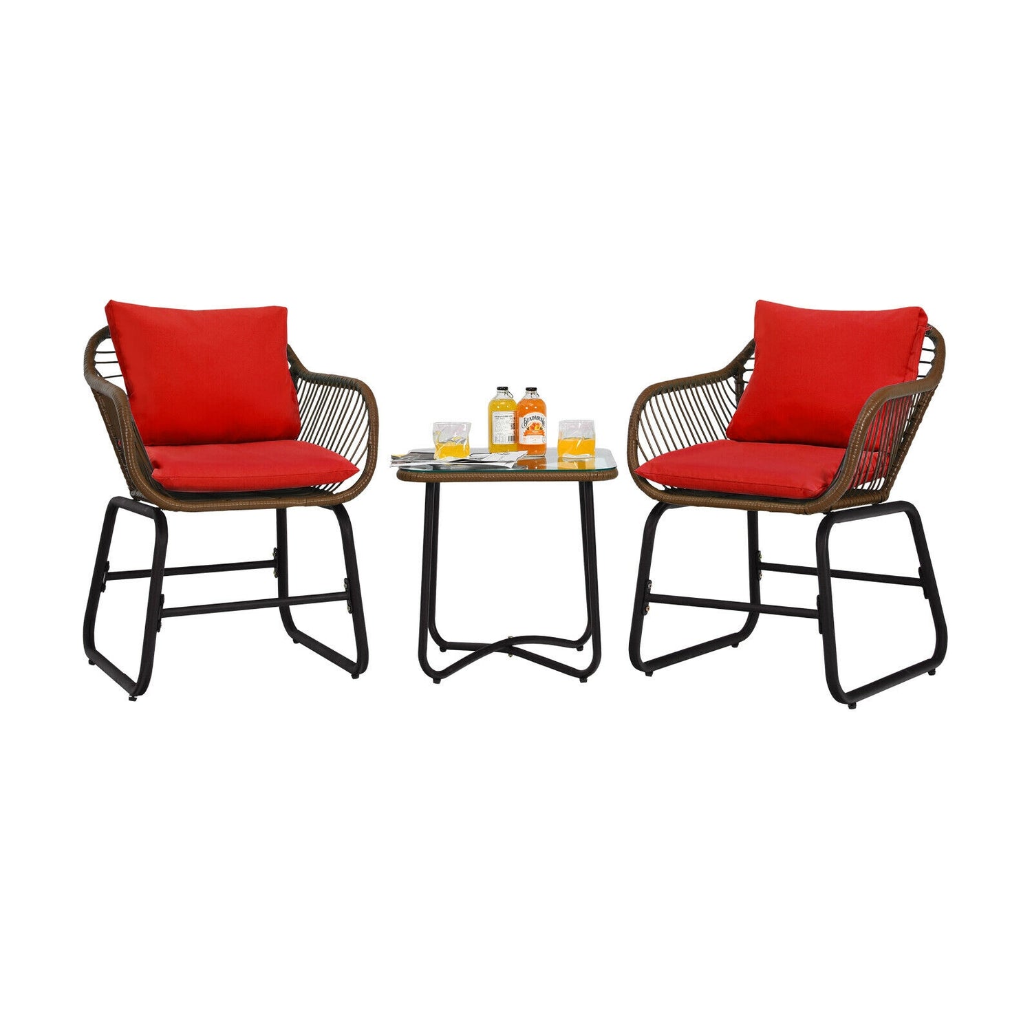 3 Pieces Patio Rattan Bistro Set Cushioned Chair Glass Table Deck