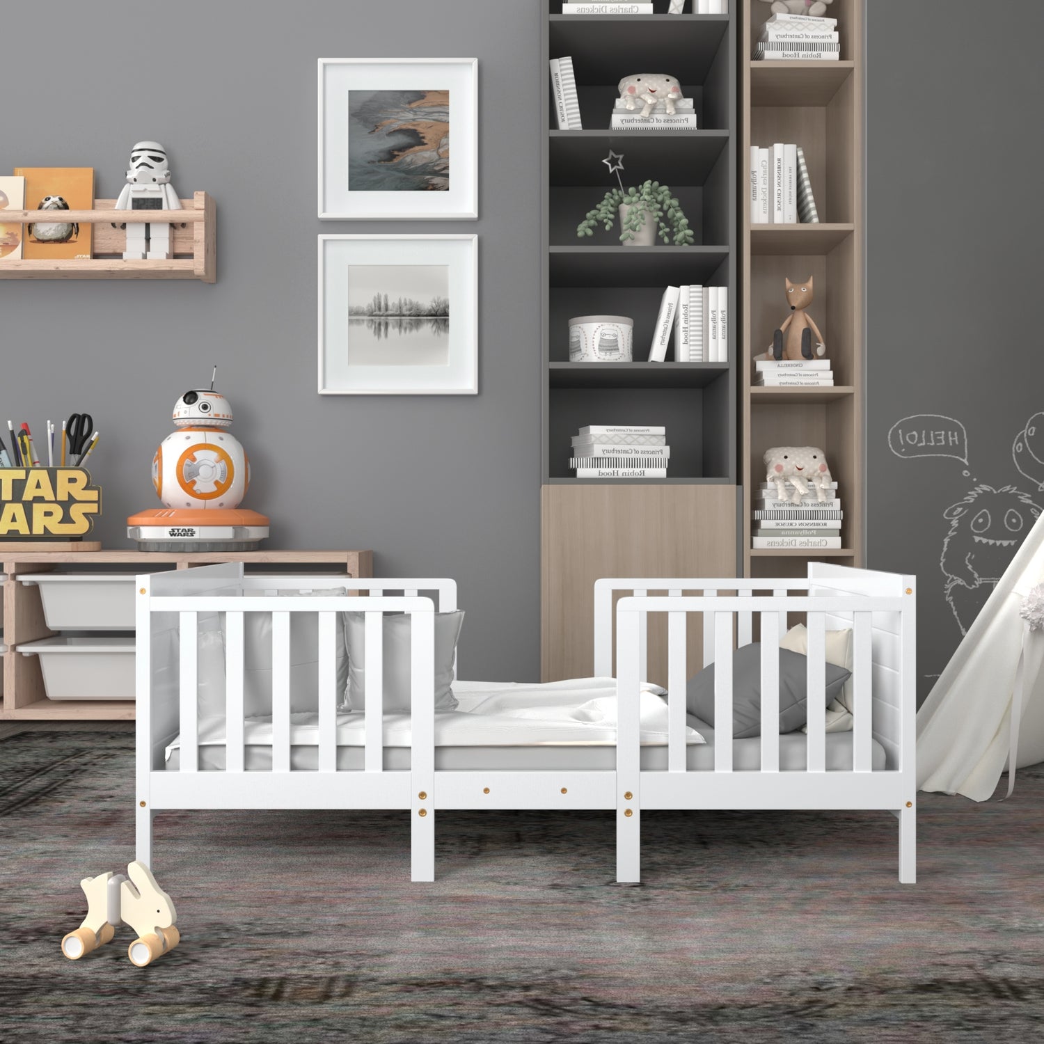 2-in-1 Convertible Kids Wooden Bedroom Furniture with Guardrails-White