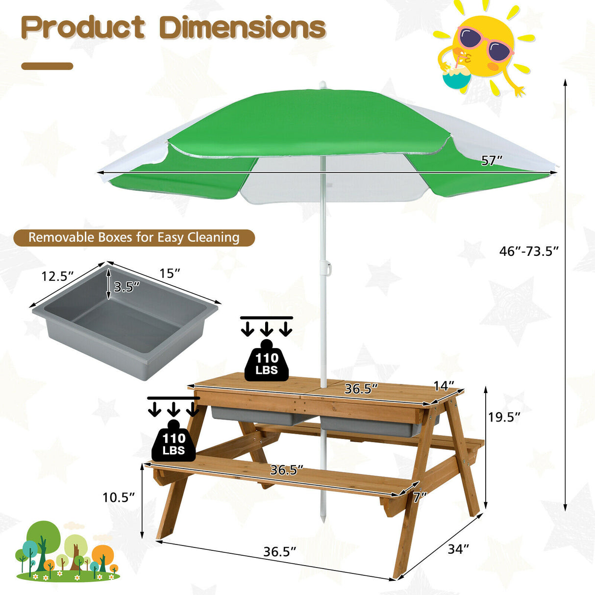 3-in-1 Kids Outdoor Picnic Water Sand Table with Umbrella Play Boxes