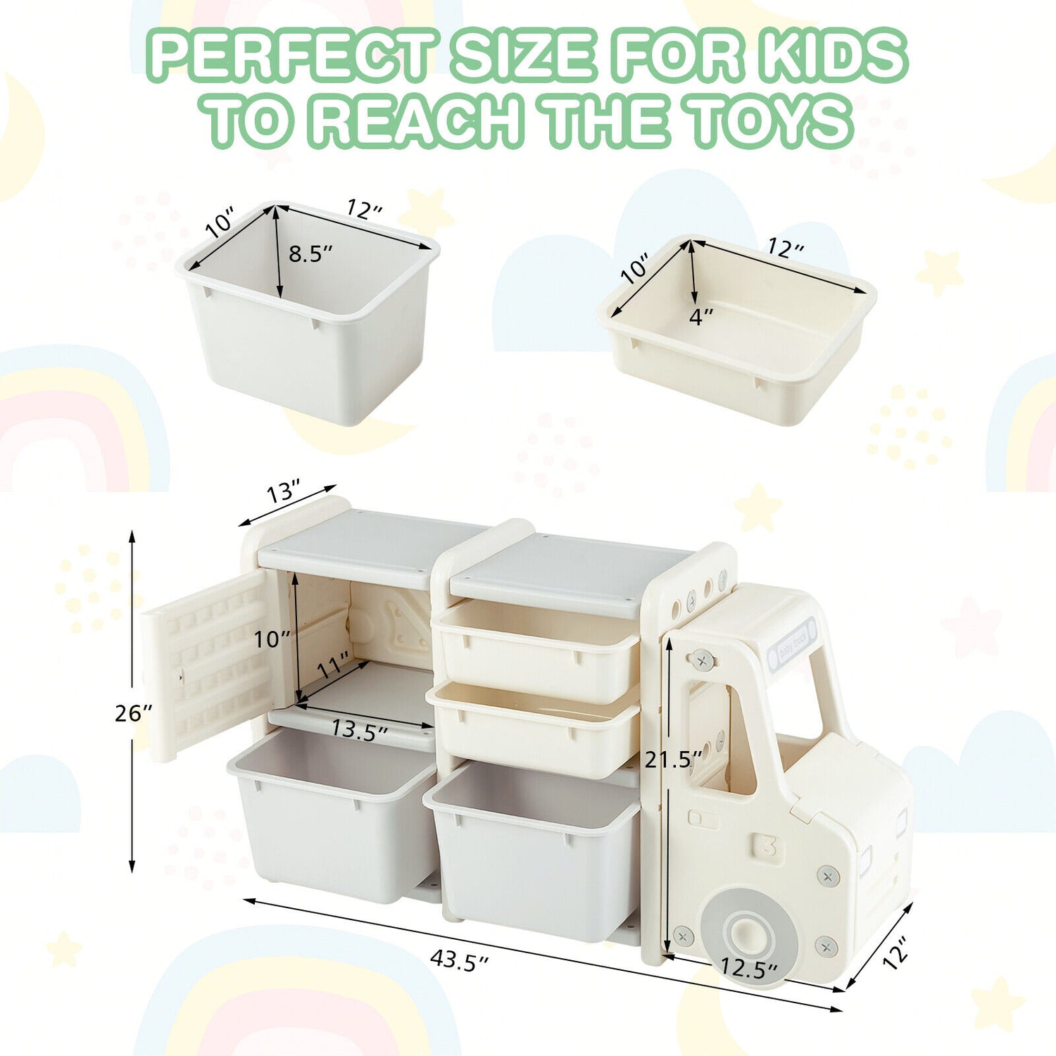 Toddler Truck Storage Organizer with Plastic Bins-Gray