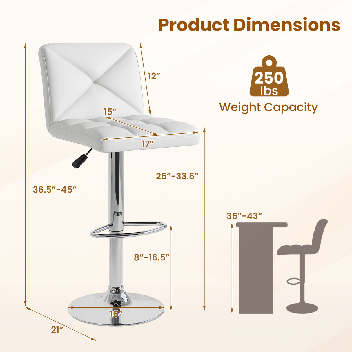 PU Leather Upholstered Bar Stools Set of 2 with Back and Adjustable Height