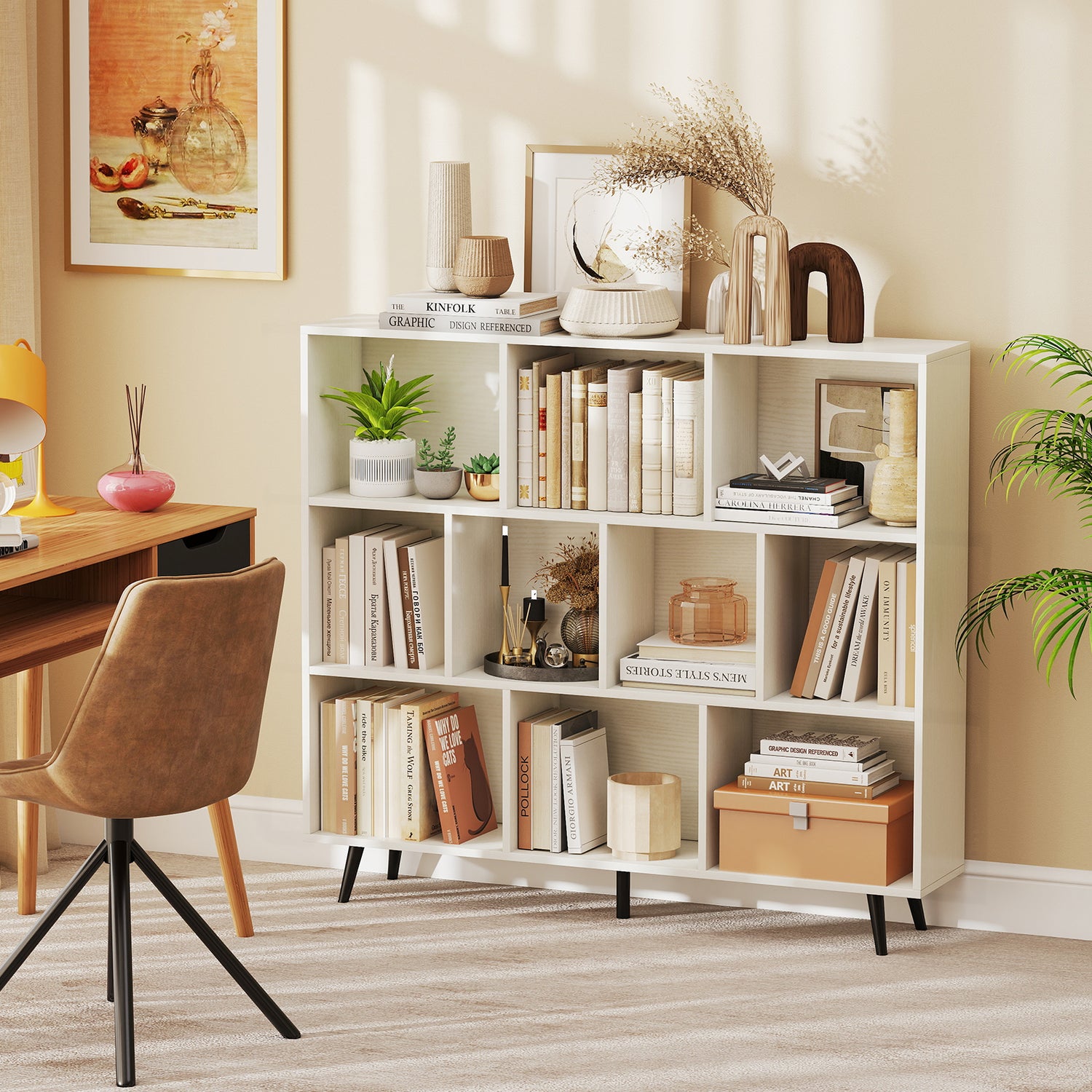 8-Cube Bookcase with 5 Tapered Metal Legs