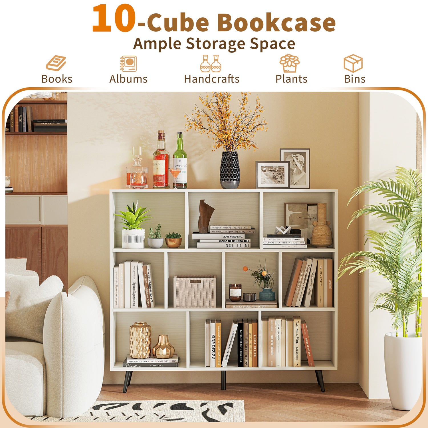 8-Cube Bookcase with 5 Tapered Metal Legs