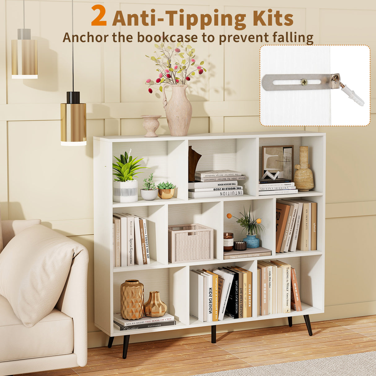 8-Cube Bookcase with 5 Tapered Metal Legs