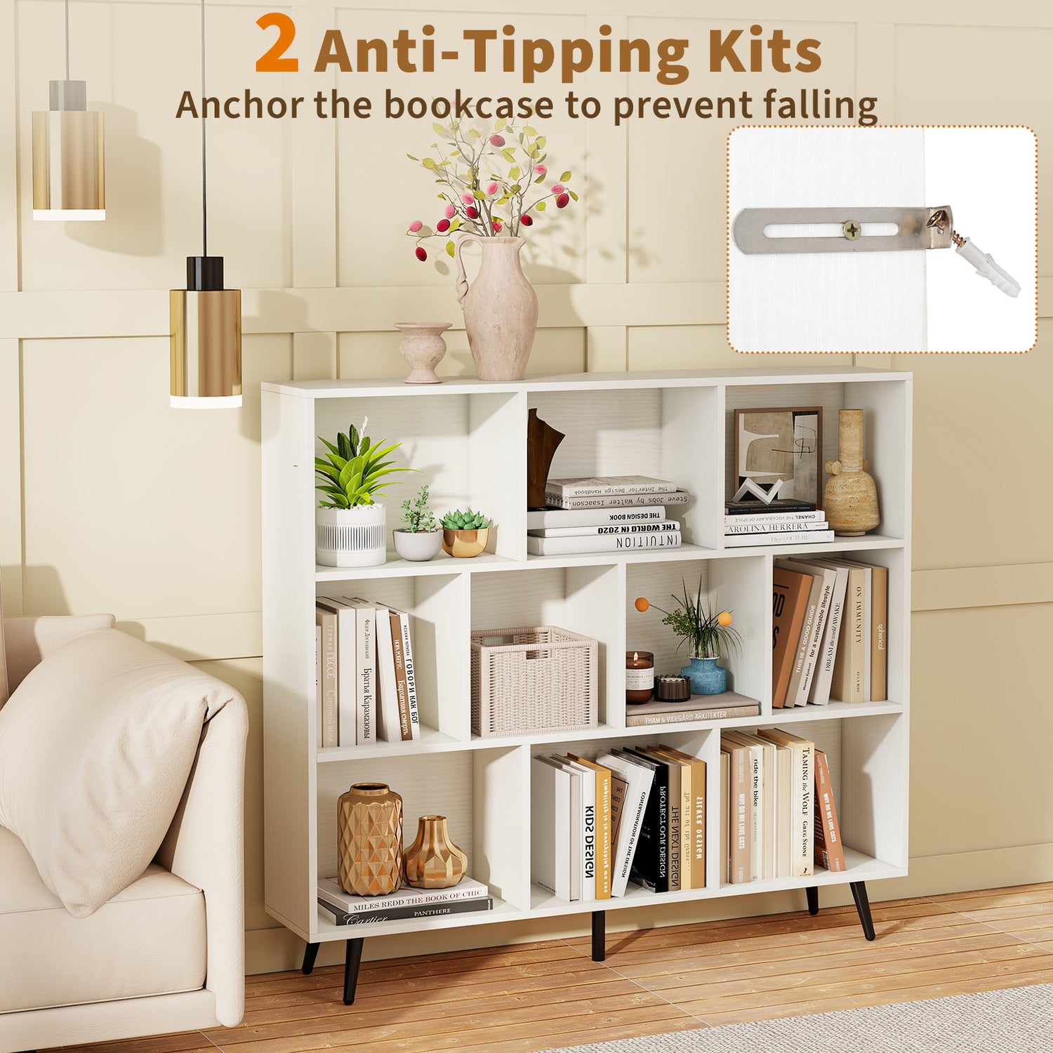 8-Cube Bookcase with 5 Tapered Metal Legs