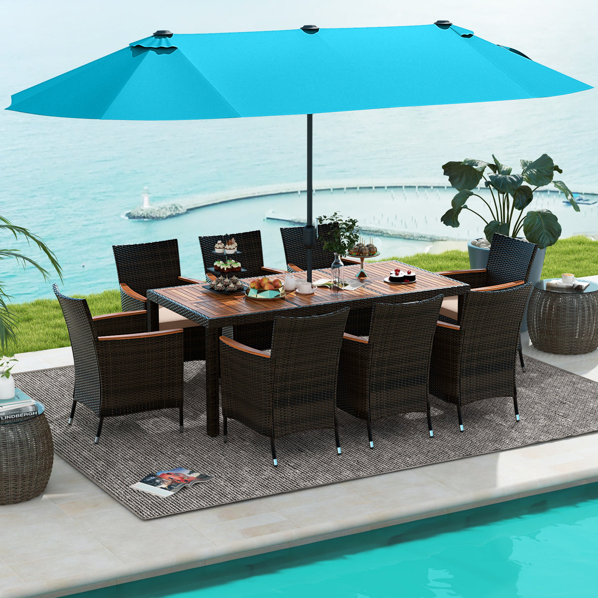 10 Piece Outdoor Dining Set with 15 Feet Double-Sided Twin Patio Umbrella