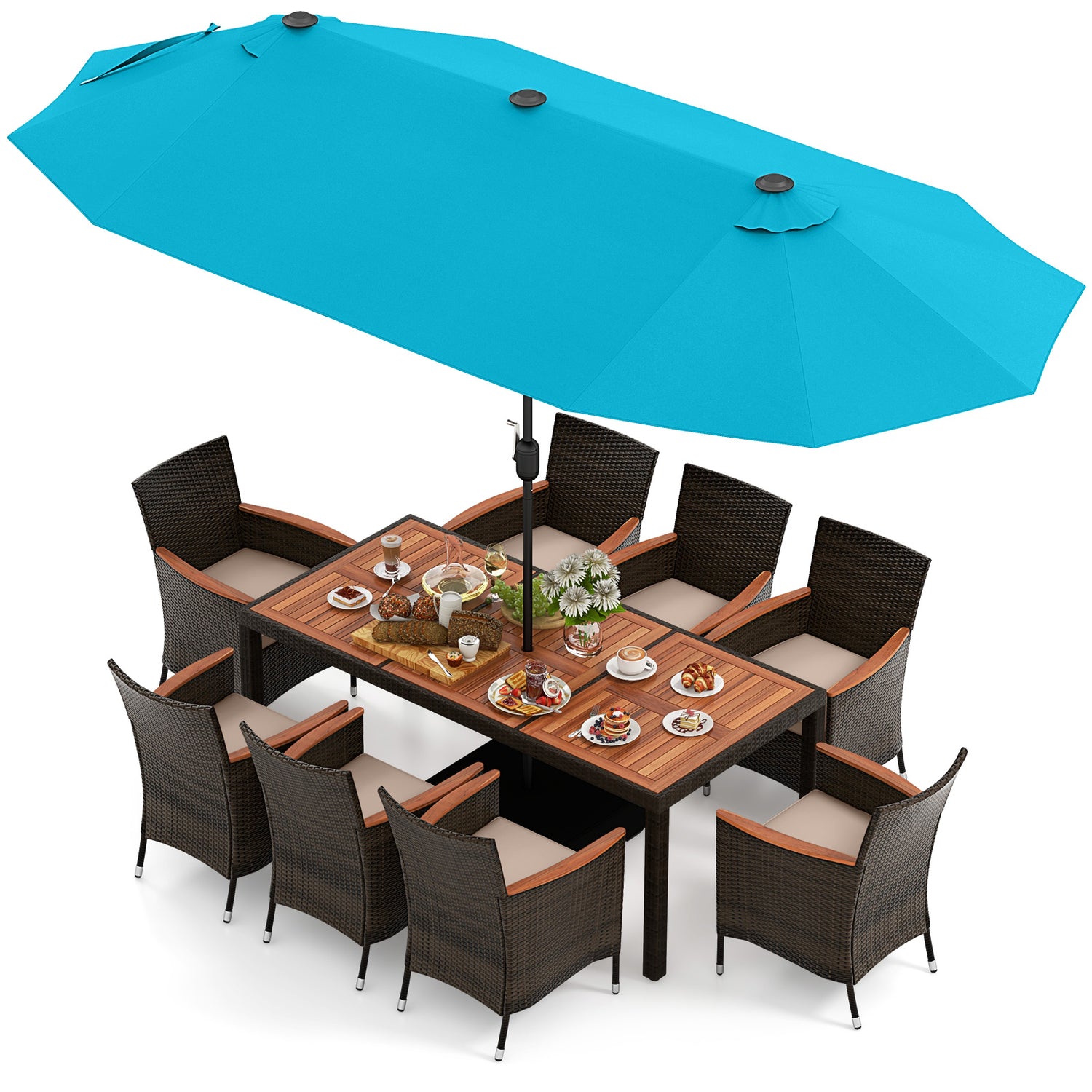 10 Piece Outdoor Dining Set with 15 Feet Double-Sided Twin Patio Umbrella