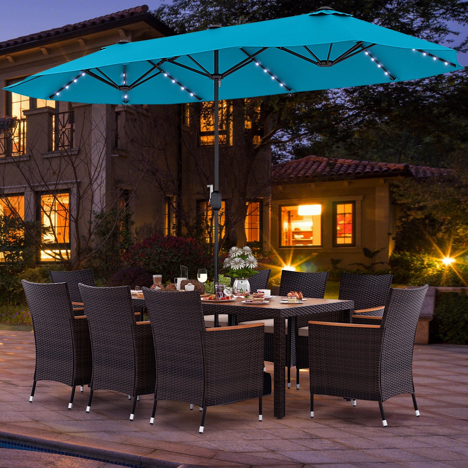 10 Piece Outdoor Dining Set with 15 Feet Double-Sided Twin Patio Umbrella