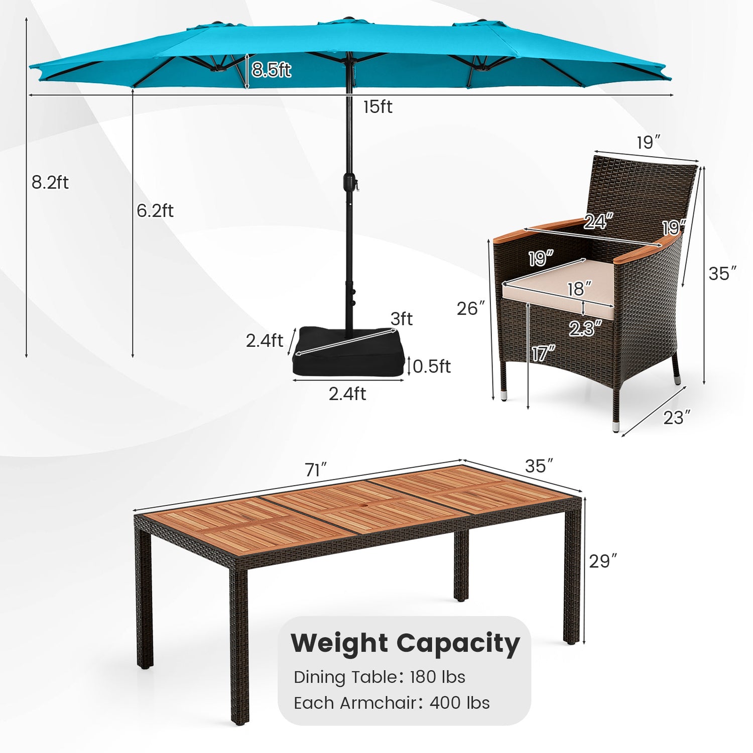 10 Piece Outdoor Dining Set with 15 Feet Double-Sided Twin Patio Umbrella