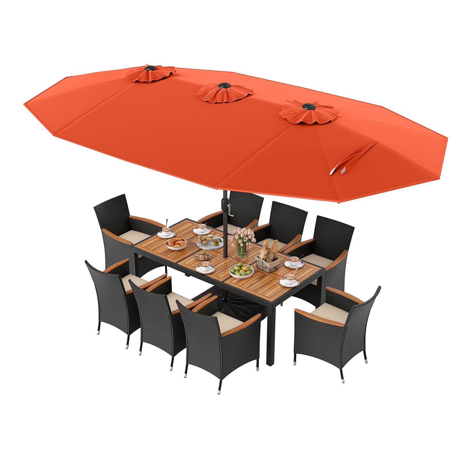 10 Piece Outdoor Dining Set with 15 Feet Double-Sided Twin Umbrella