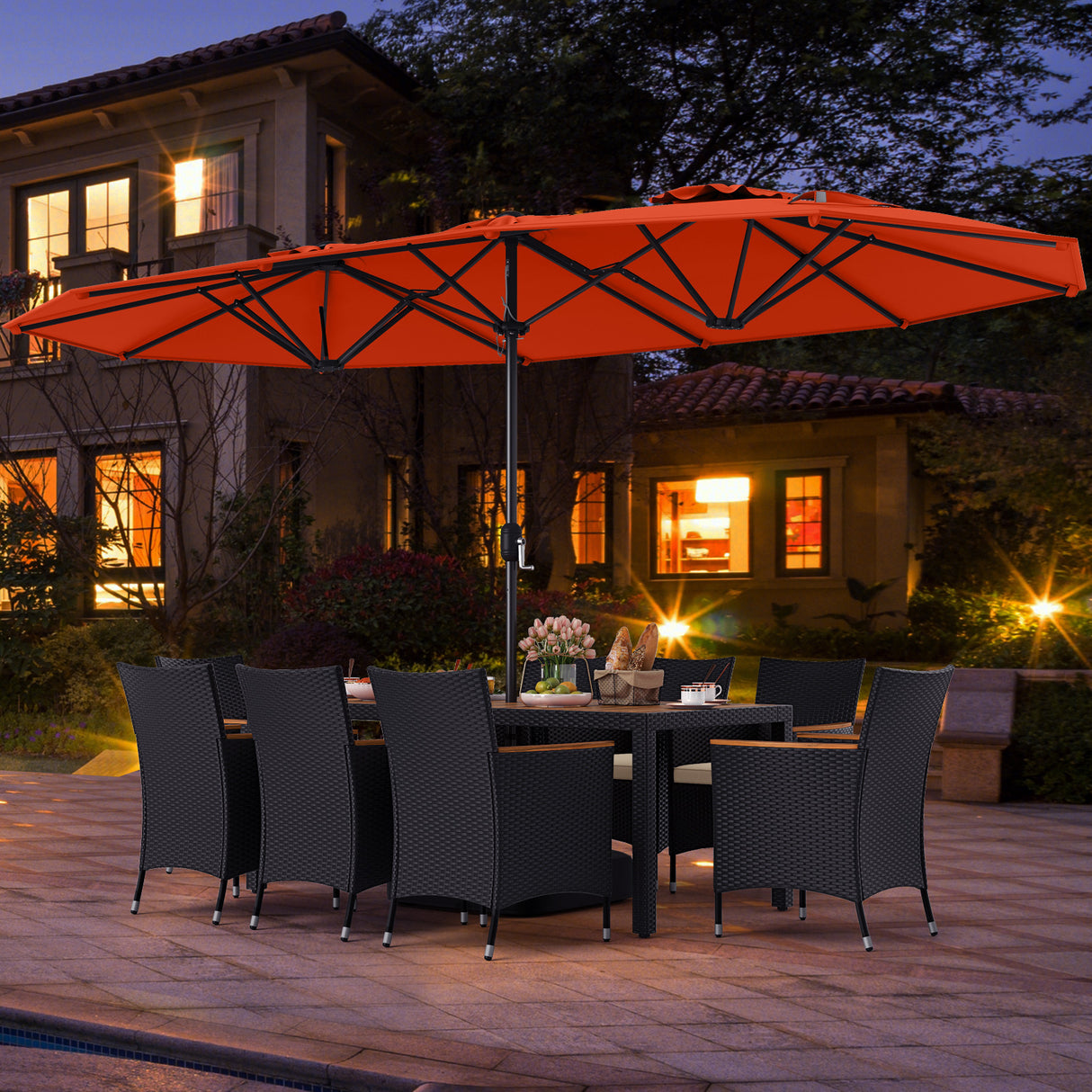10 Piece Outdoor Dining Set with 15 Feet Double-Sided Twin Umbrella