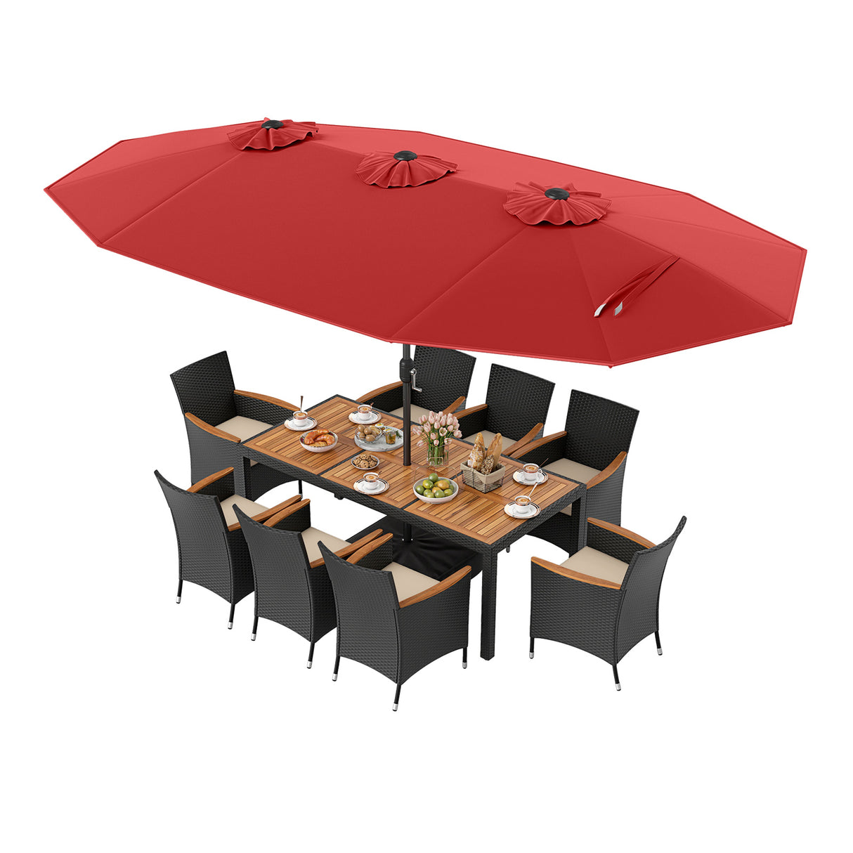10 Piece Outdoor Dining Set with 15 Feet Double-Sided Twin Umbrella