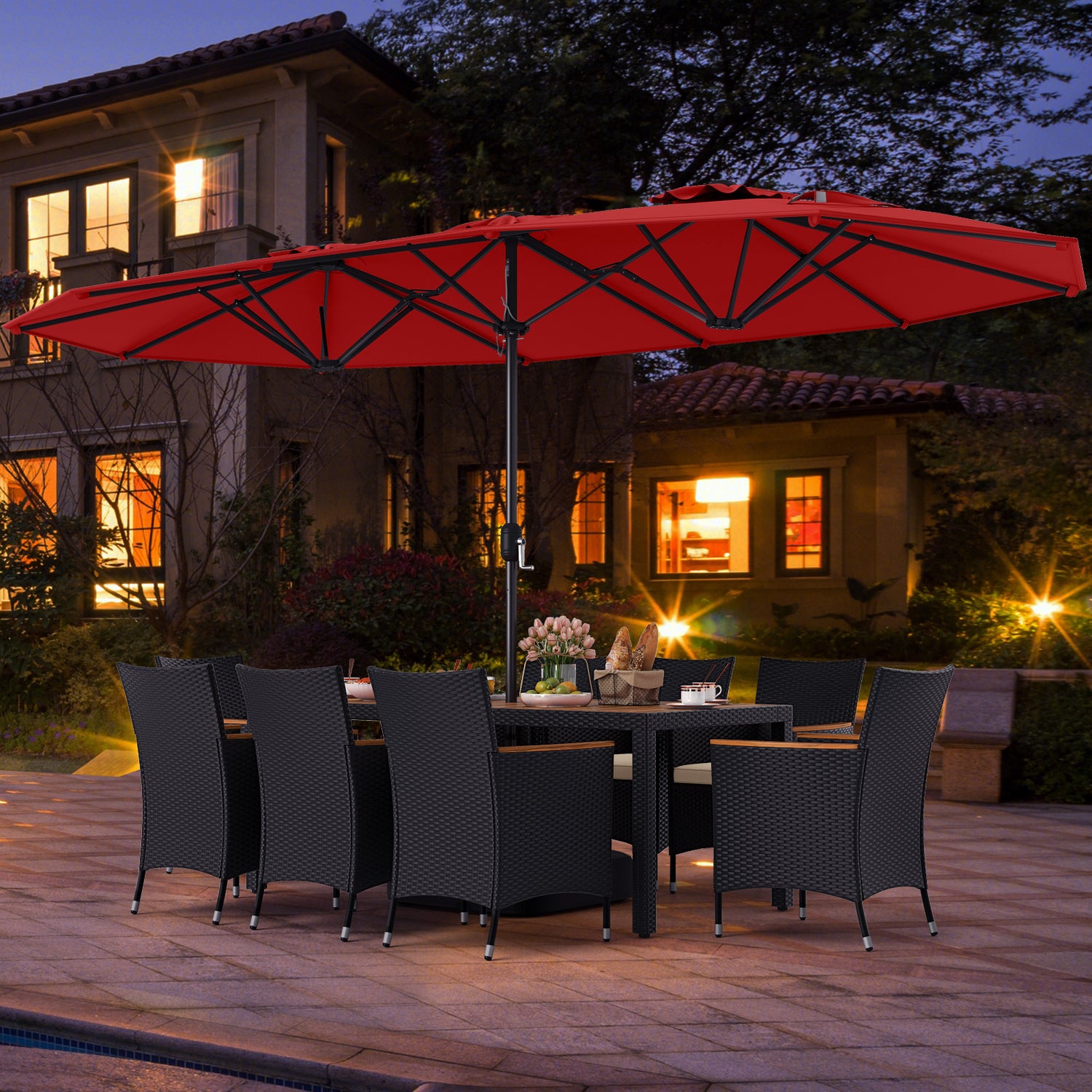 10 Piece Outdoor Dining Set with 15 Feet Double-Sided Twin Umbrella
