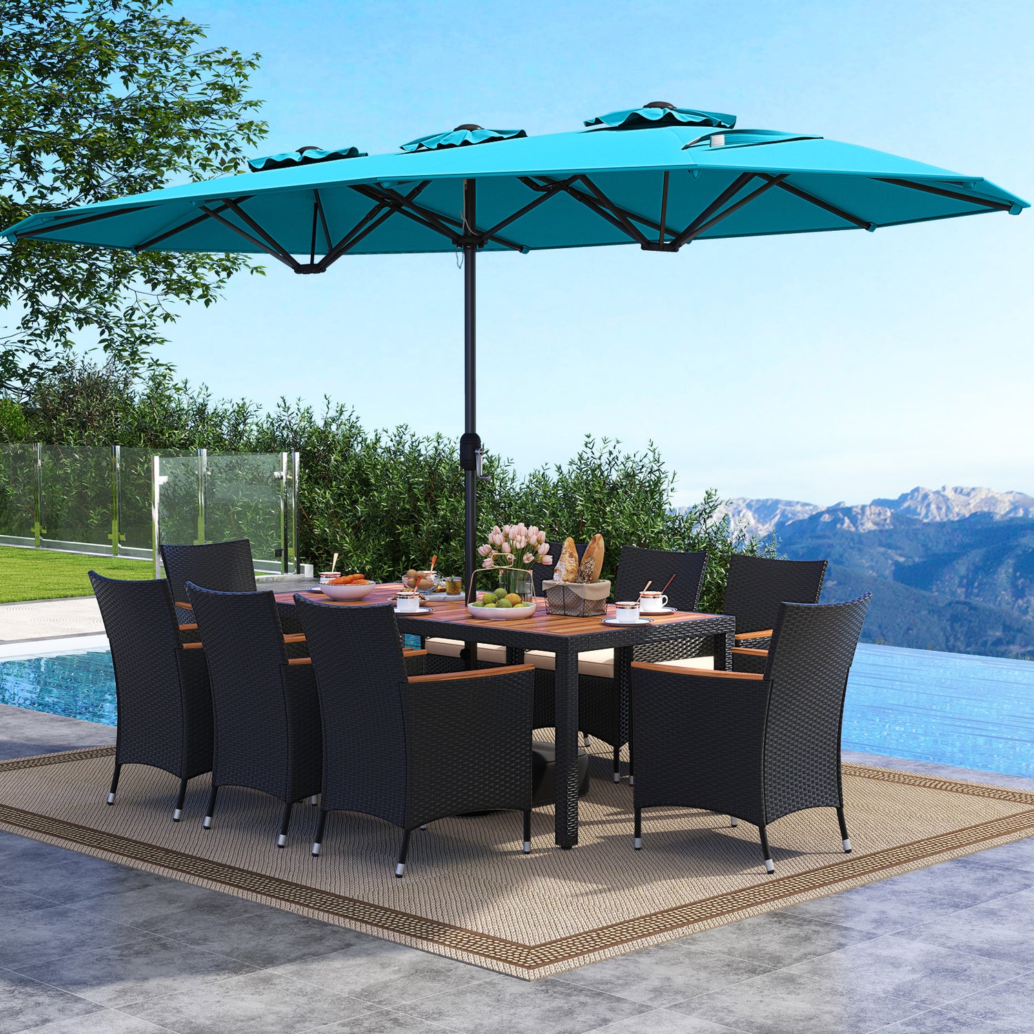 10 Piece Outdoor Dining Set with 15 Feet Double-Sided Twin Umbrella