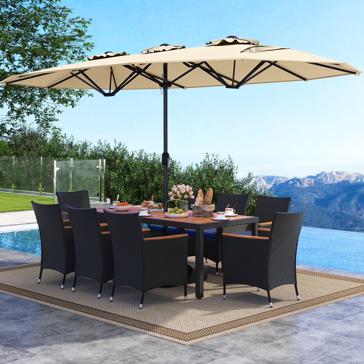 10 Piece Outdoor Patio Dining Set with 15 Feet Double-Sided Twin Umbrella