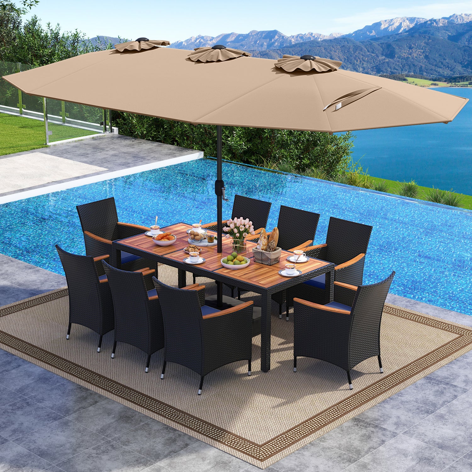 10 Piece Outdoor Patio Dining Set with 15 Feet Double-Sided Twin Umbrella