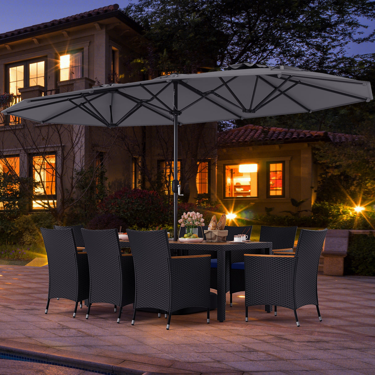 10 Piece Outdoor Patio Dining Set with 15 Feet Double-Sided Twin Umbrella