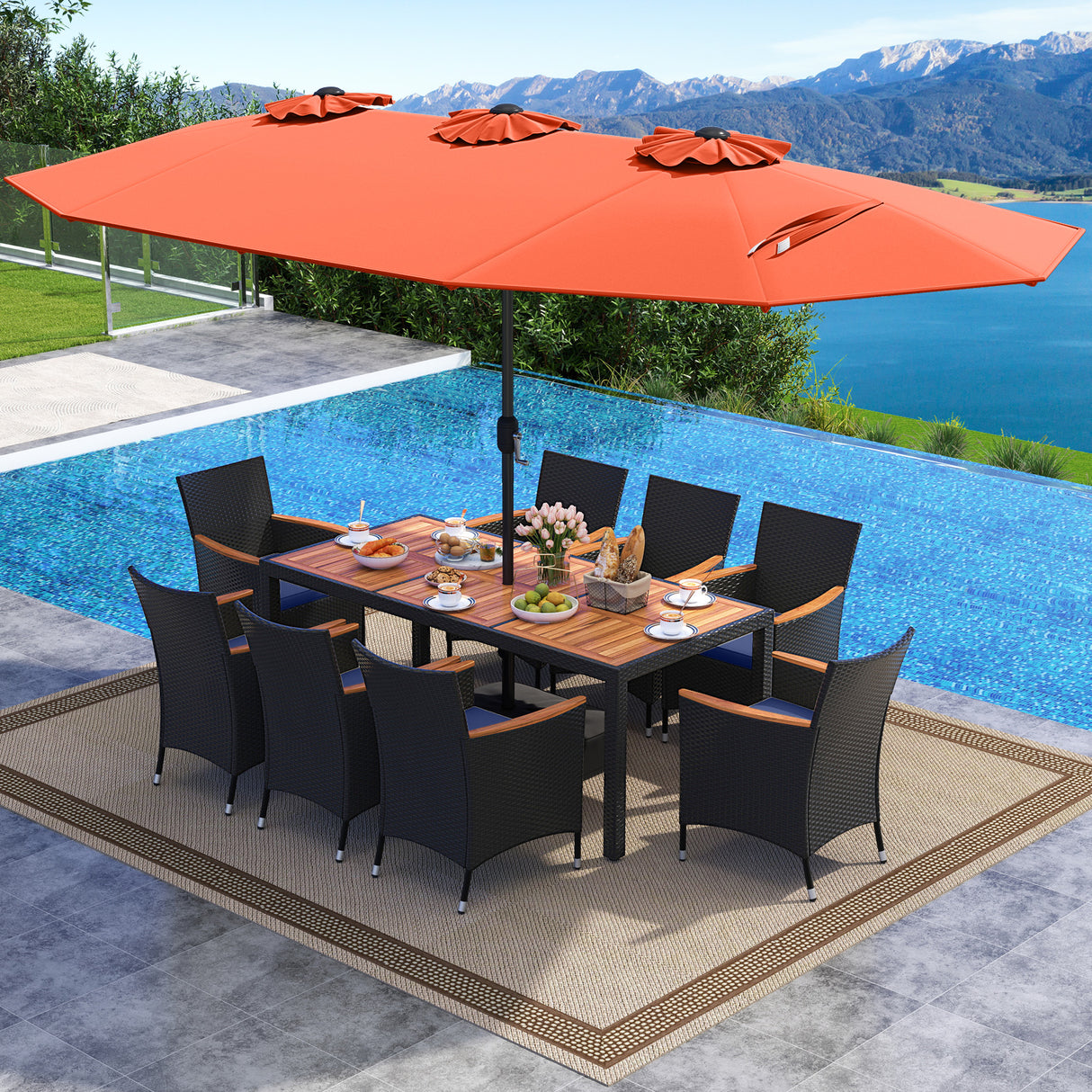10 Piece Outdoor Patio Dining Set with 15 Feet Double-Sided Twin Umbrella