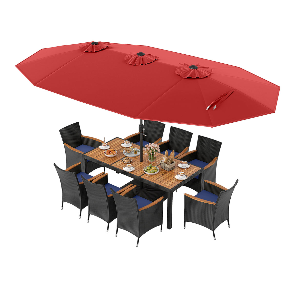 10 Piece Outdoor Patio Dining Set with 15 Feet Double-Sided Twin Umbrella