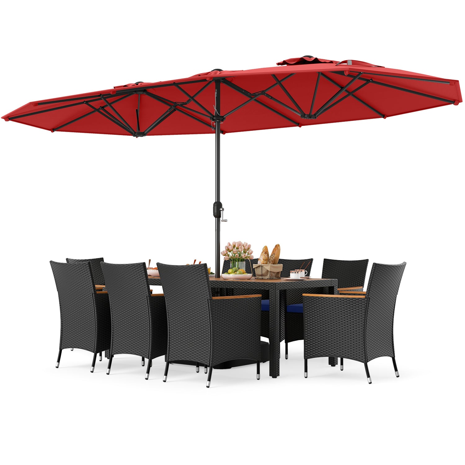 10 Piece Outdoor Patio Dining Set with 15 Feet Double-Sided Twin Umbrella