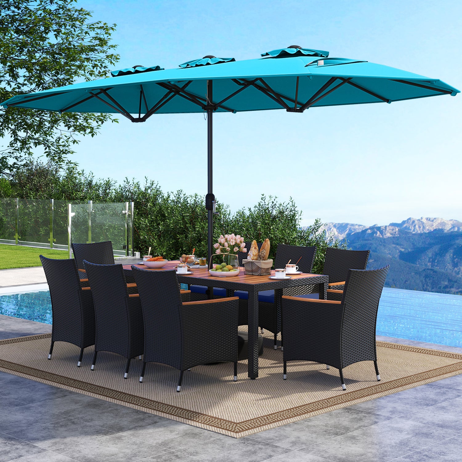10 Piece Outdoor Patio Dining Set with 15 Feet Double-Sided Twin Umbrella