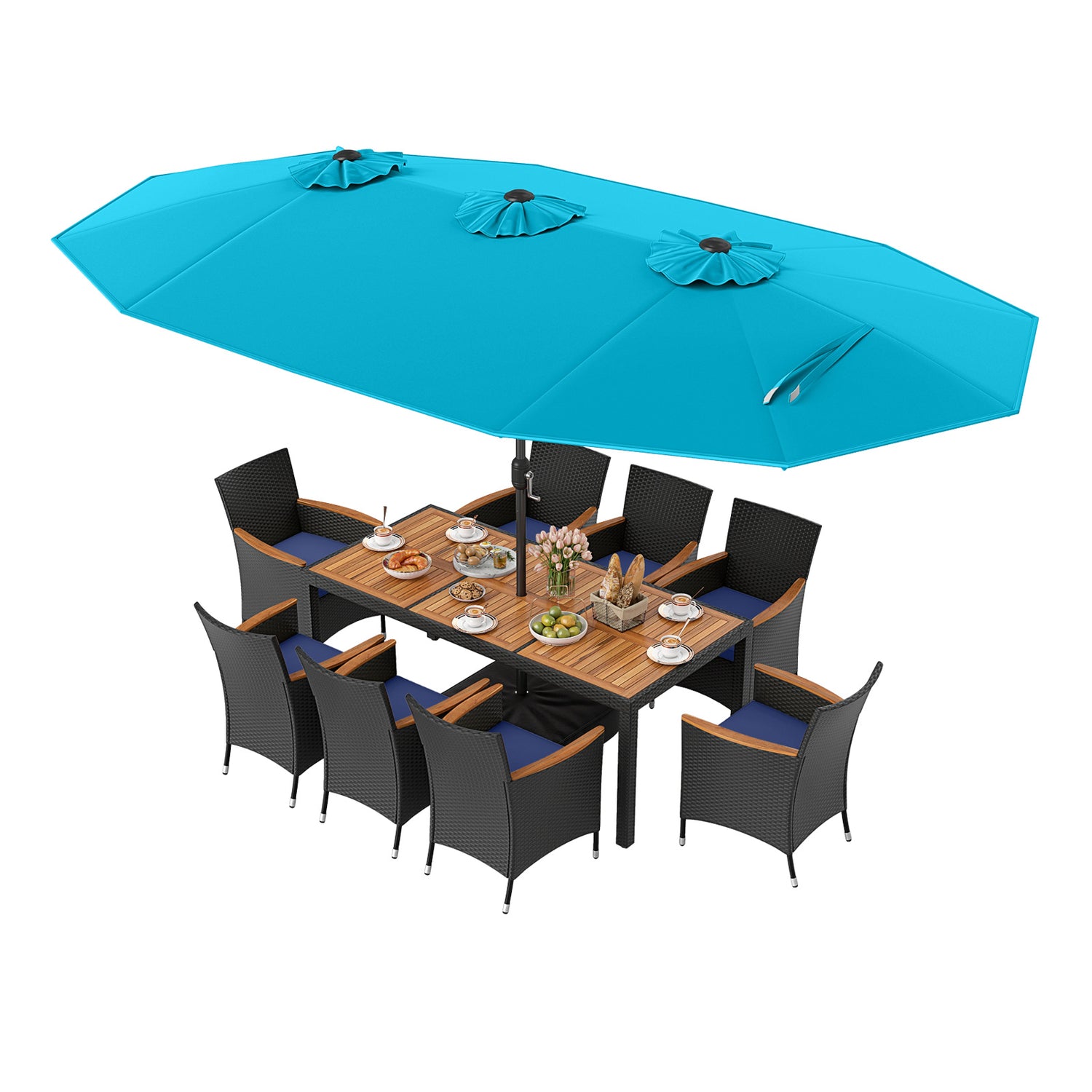 10 Piece Outdoor Patio Dining Set with 15 Feet Double-Sided Twin Umbrella