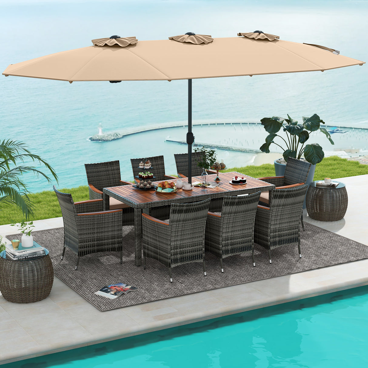 10 Pieces Patio Wicker Dining Set with 15 Feet Double-Sided Patio Umbrella