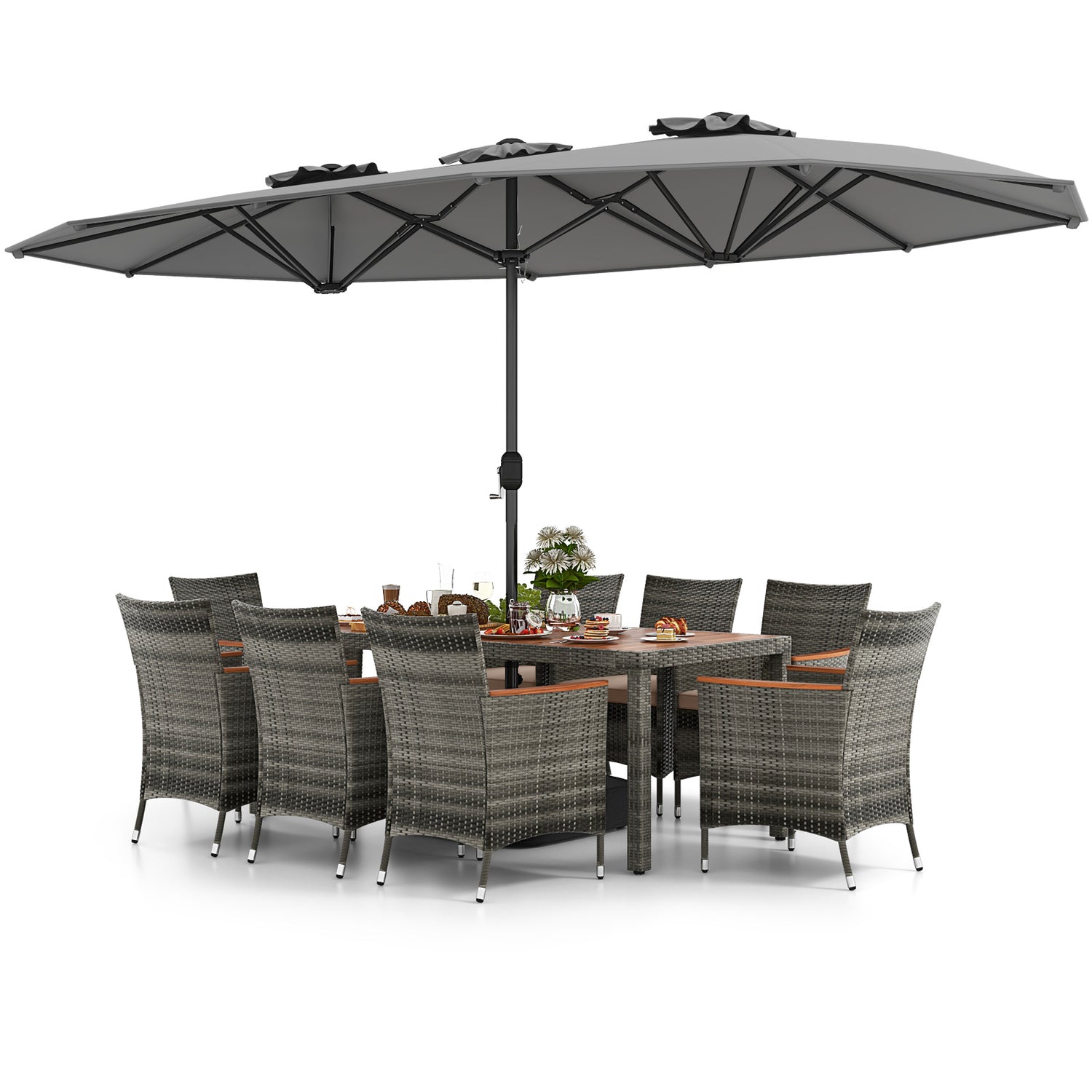 10 Pieces Patio Wicker Dining Set with 15 Feet Double-Sided Patio Umbrella