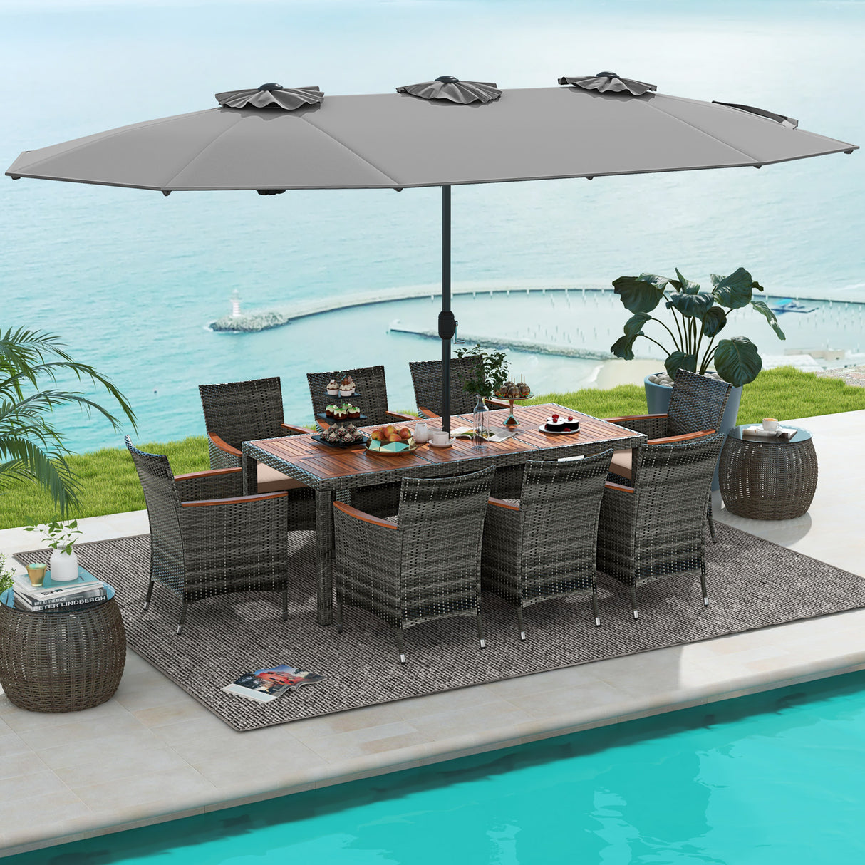 10 Pieces Patio Wicker Dining Set with 15 Feet Double-Sided Patio Umbrella