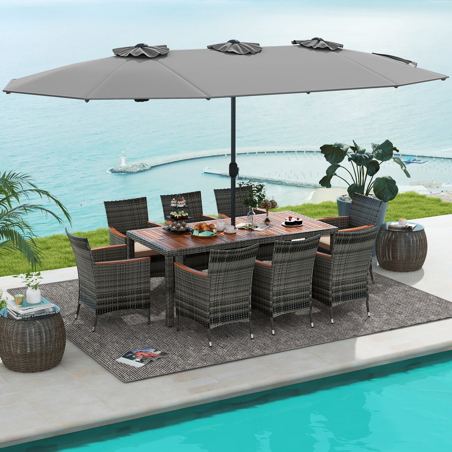 10 Pieces Patio Wicker Dining Set with 15 Feet Double-Sided Patio Umbrella