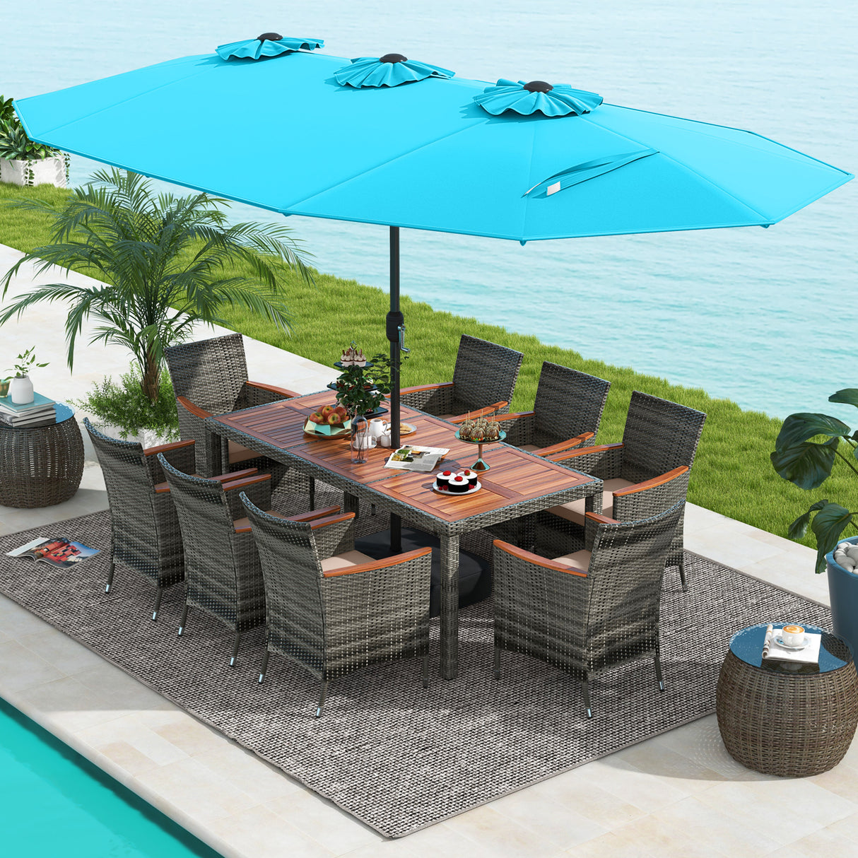 10 Pieces Patio Wicker Dining Set with 15 Feet Double-Sided Patio Umbrella